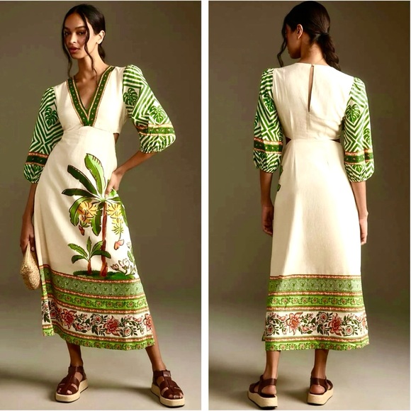 FARM RIO x ANTHROPOLOGIE Palm V-Neck Midi Dress NEW Size S Side Cutouts - Picture 1 of 15
